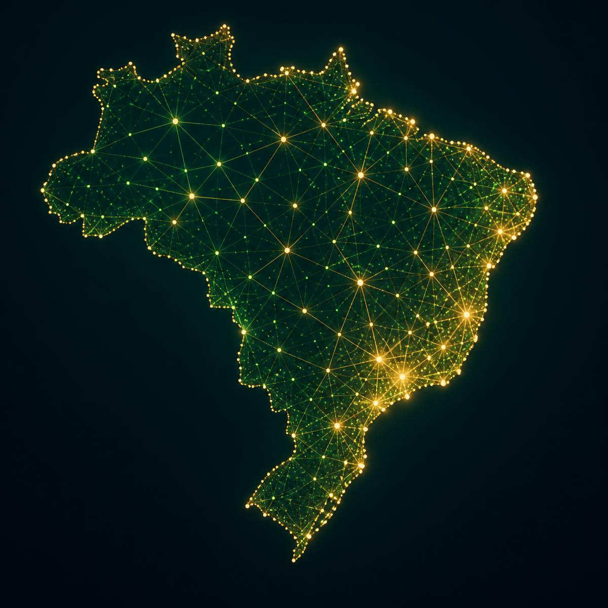 Mapa estilizado do Brasil formado por pontos e linhas luminosas representando dados de talentos